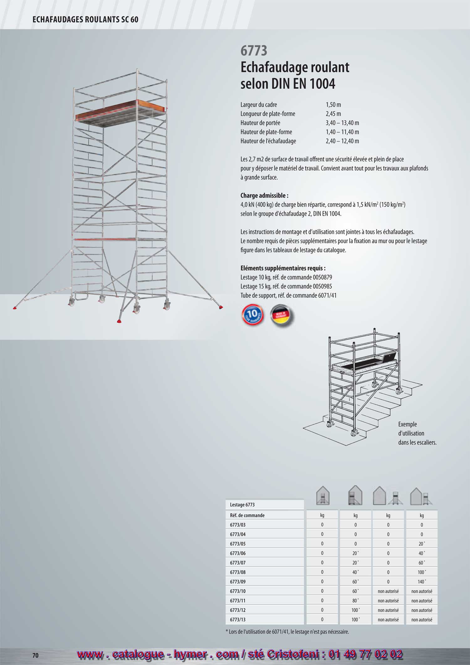 ECHAFAUDAGES ROULANTS SC 60 



chafaudage roulant selon la norme 


DIN EN 1004 
6773 
Largeur du cadre 1,50 m 
Longueur de la plate-forme 2,45 m 
Hauteur de porte 3,40  13,40 m 
Hauteur de la plate-forme 1,40  11,40 m 
Hauteur de lchafaudage 2,40  12,40 m 

Les 2,7 m2 de surface de travail offrent une scurit leve et plein de place pour y 
dposer le matriel de travail. Convient avant tout pour les travaux aux plafonds  
grande surface. 

Charge admissible : 

4,0 kN (400 kg) de charge rpartie, correspond  1,5 kN/m2 
(150 kg/m2) conformment au groupe dchafaudage 2, DIN EN 1004. 

Les instructions de montage et dutilisation sont jointes  tous les chafaudages. Le nombre 
requis de pices supplmentaires pour la fixation au mur ou pour le lestage figure dans les 
tableaux de lestage du catalogue. 

lments supplmentaires requis : 

Lest 10 kg, Rf. de commande 0050879 
Lest 15 kg, Rf. de commande 0050985 
Tube de support, Rf. de commande 6071/41 